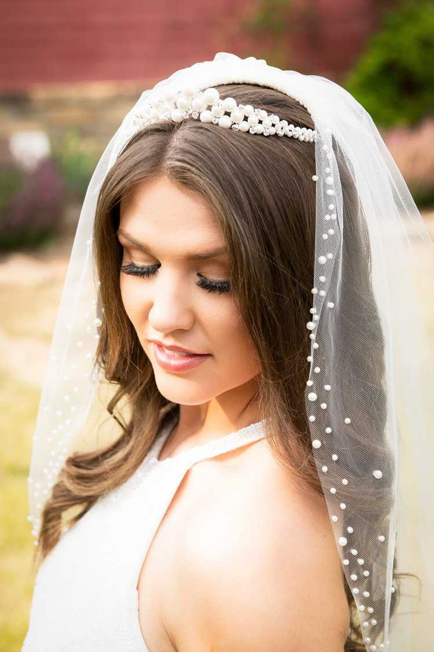 One Blushing Bride Pearl and Lace Headband Bridal Veil: Turban Headpiece Ivory / Cathedral 108