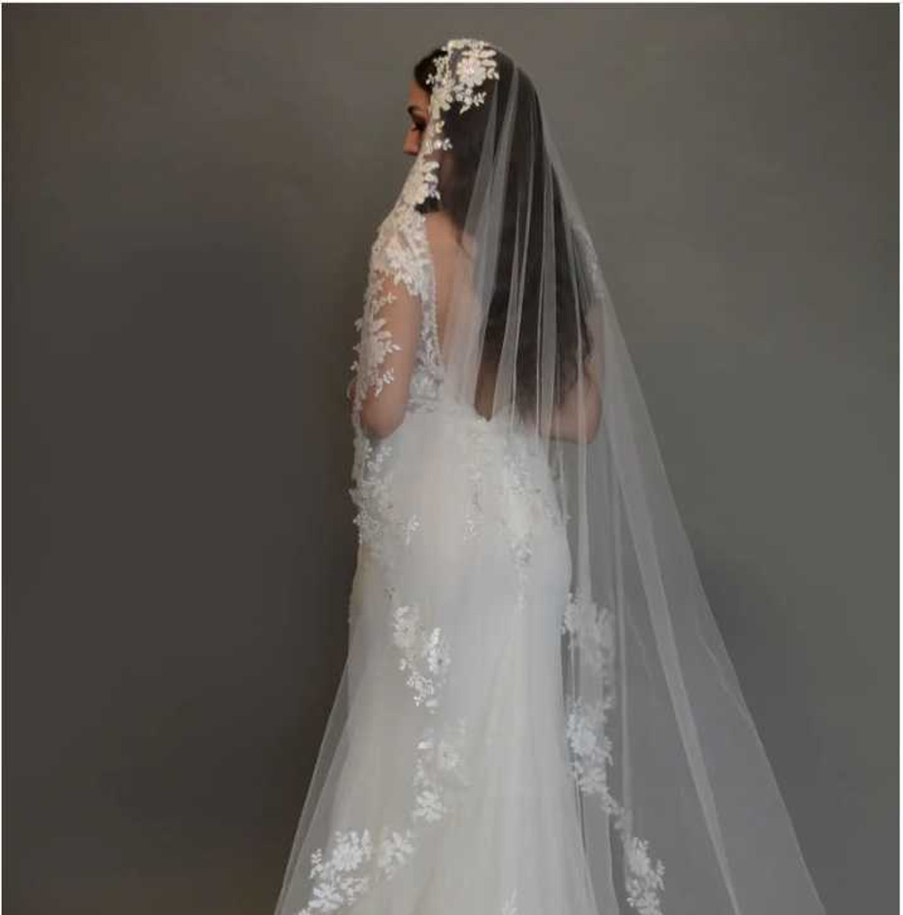 Floral Lace and Crystal Trimmed Elbow Length Veil