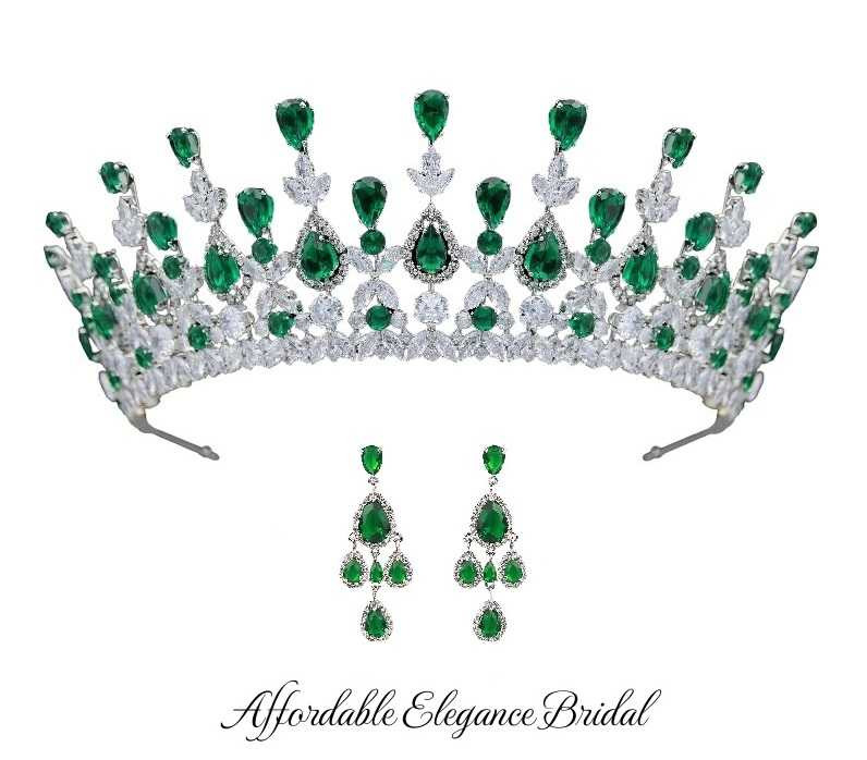 Emerald Green CZ Wedding and Quinceanera Tiara with Earrings