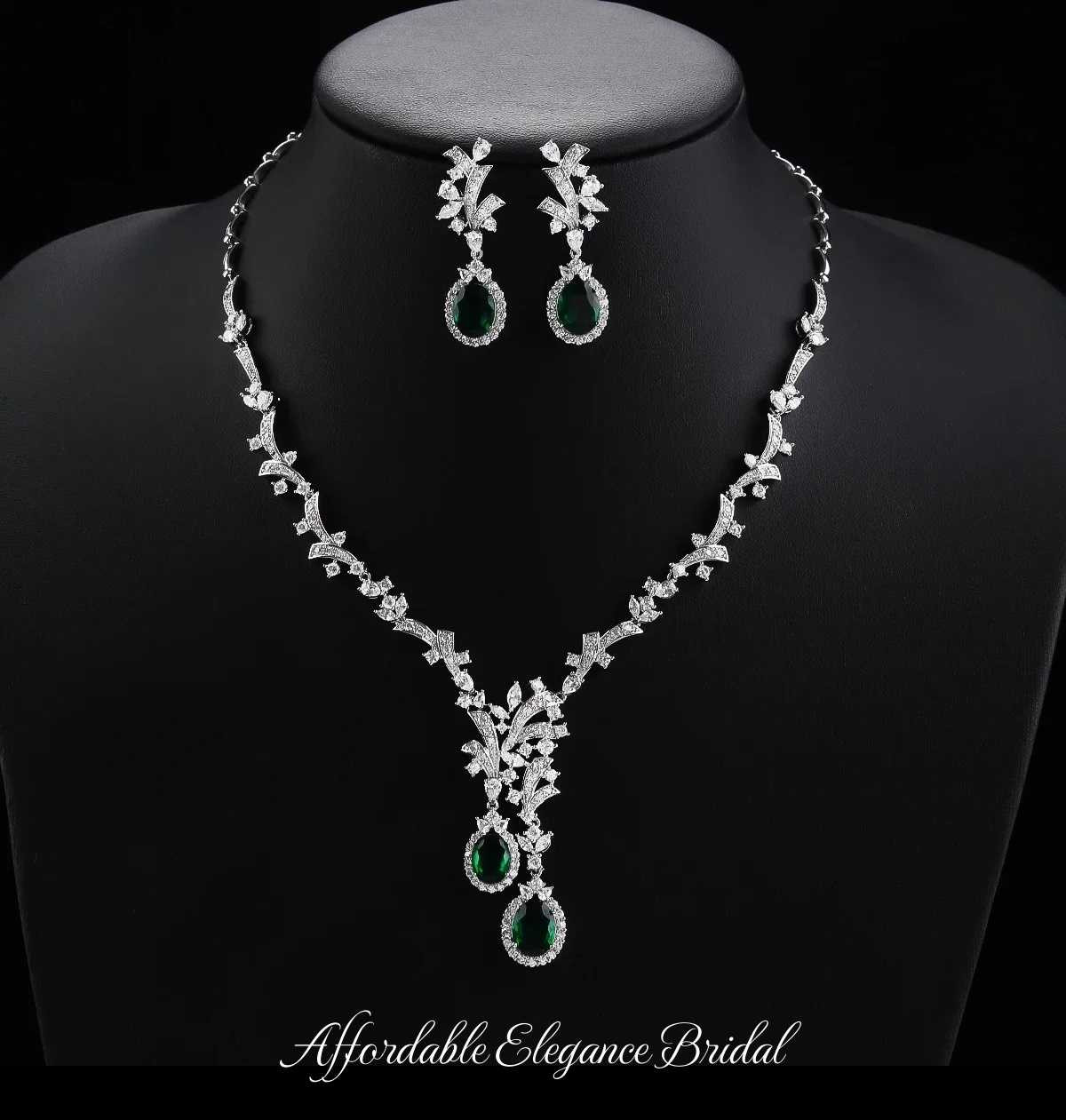 Emerald Green CZ Double Drop Wedding Jewelry Set