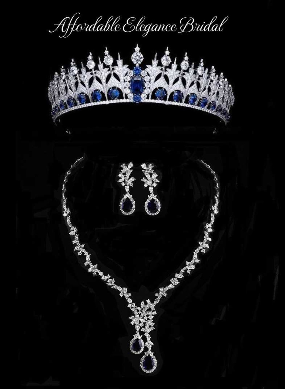 Sapphire CZ Royal Replica Wedding Tiara Crown and Jewelry