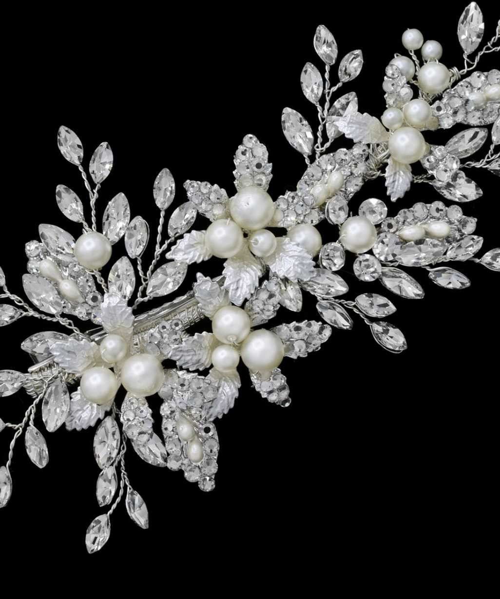 Bridal Floral Pearl & Crystal Hair Clip - Ivory Ivory and Co Silver Bloom Crystal and Pearl Floral Crescent  main image 2