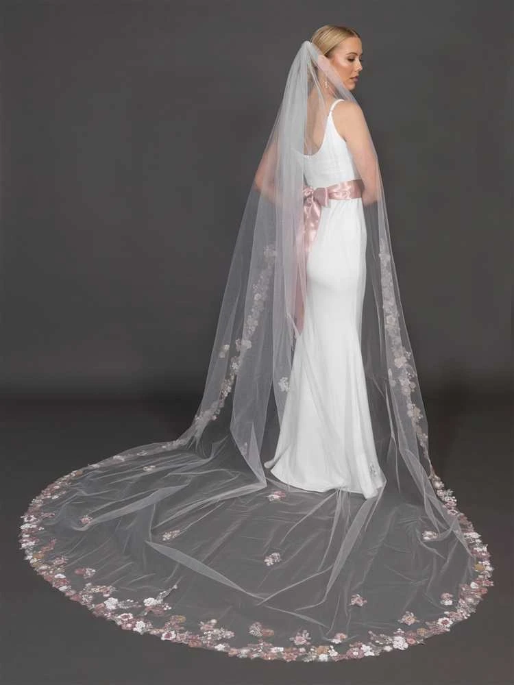 White and subtle pink lace veil trailing 3 meters Pink White Flower Wedding Veil, Floral Lace Bridal Veil, 3D  main image 4
