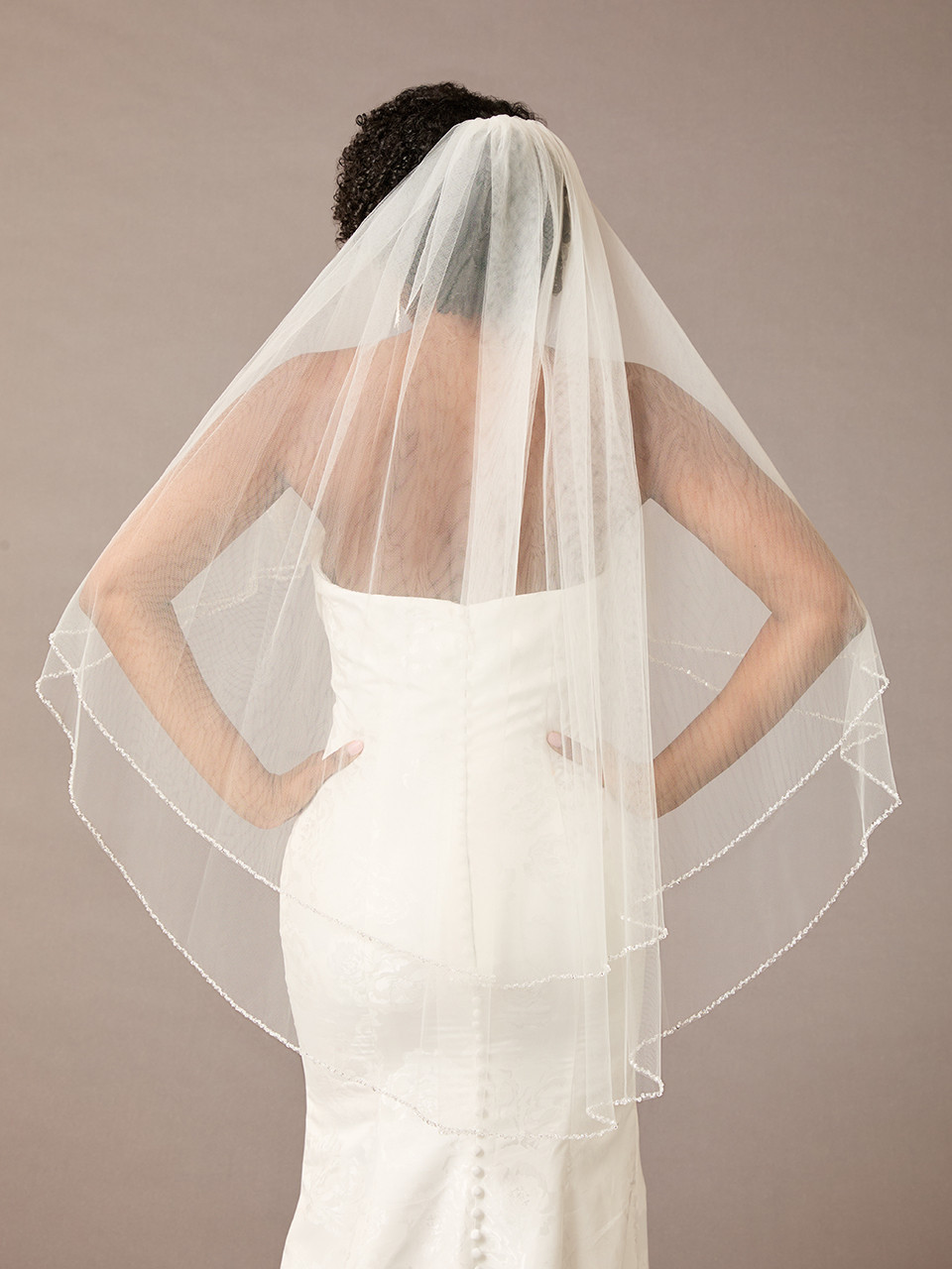 Two Layer Clear Crystal Beaded Fingertip Wedding Veil V2092F