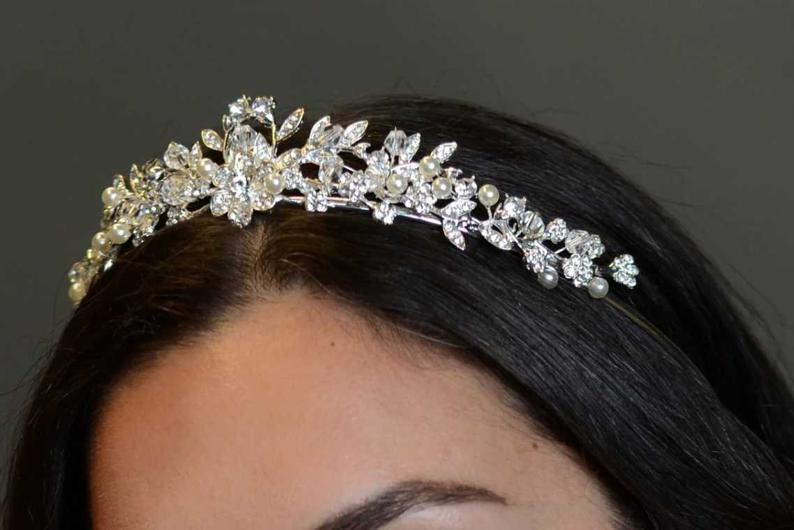 Dainty Pearl and Crystal Floral Wedding Tiara Ansonia 8795 display picture 1
