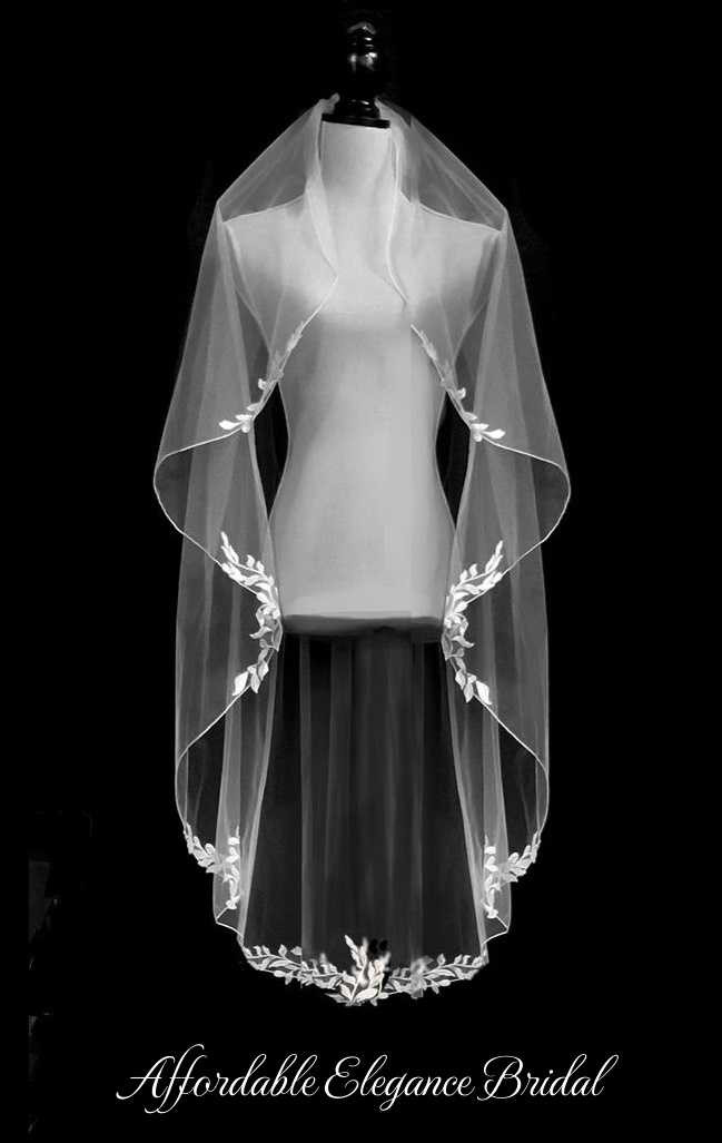 Waltz Length Angel Cut Wedding Veil with Olive Leaf Lace