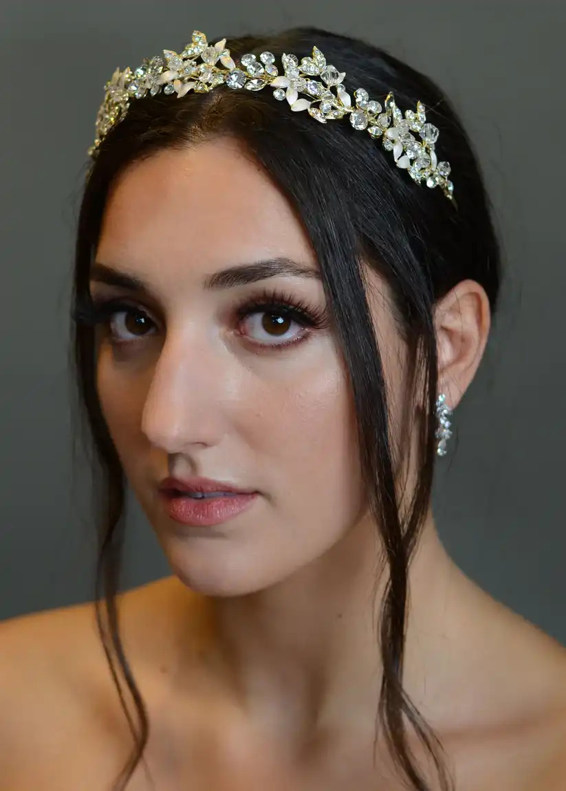 Gold Plated Crystal Leaf Bridal Headband Elena Designs E979