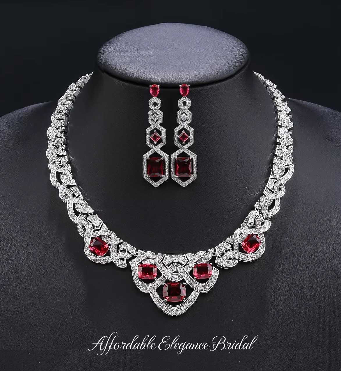 Ornate 3A CZ Crystal Ruby Red Wedding Jewelry Set display picture 1