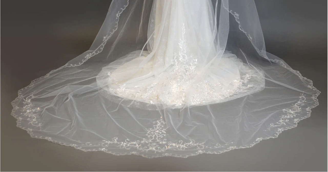 Classic Ivory Wedding Veil with Beaded Edge - Elena Designs Atelier Rainbow Club Harmony Ivory Single Tier Beaded Edge Chapel Veil main image 4