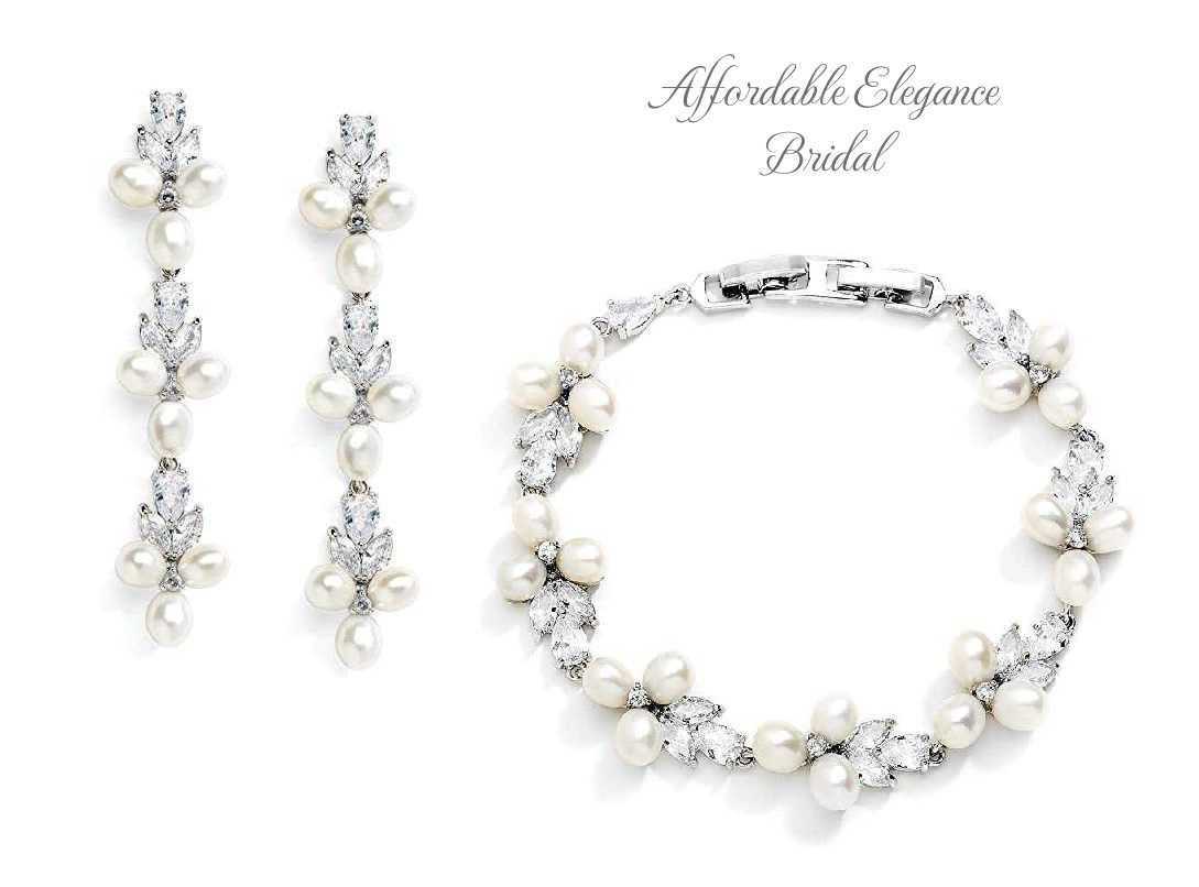 Freshwater Pearl and CZ Silver Bridal Bracelet and Earrings