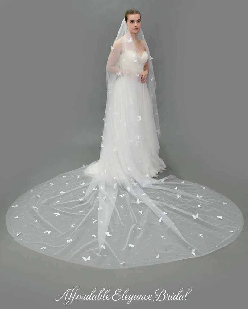 Butterfly & Pearl White Lace Veil Butterfly Pearl Bridal Veil Lace 2 Layers Wedding Veils For  main image 2