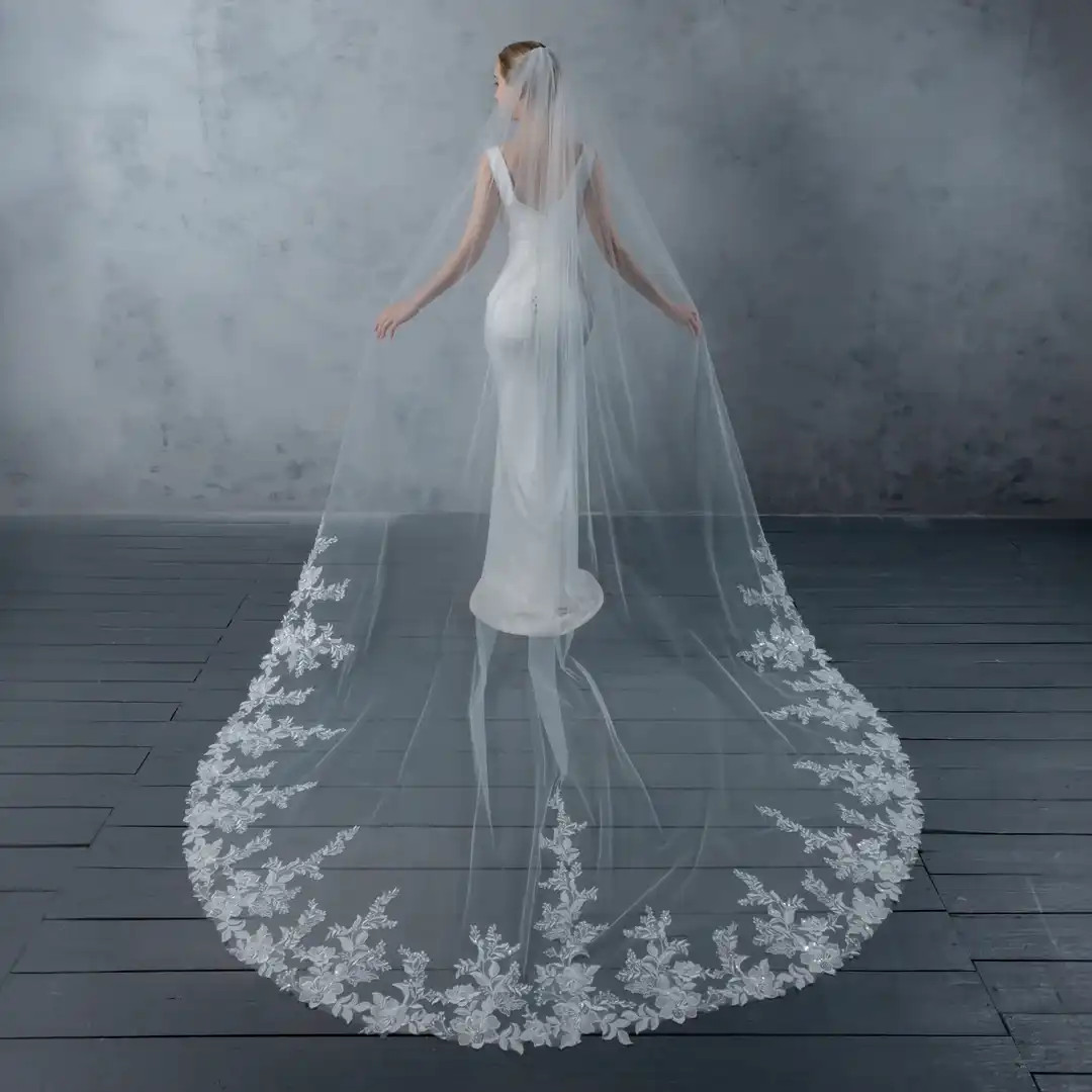 Cathedral Royal Floral Lace Wedding Veil Ivory Cathedral Royal Wedding Veil V902D: Sequins Floral  main image 4