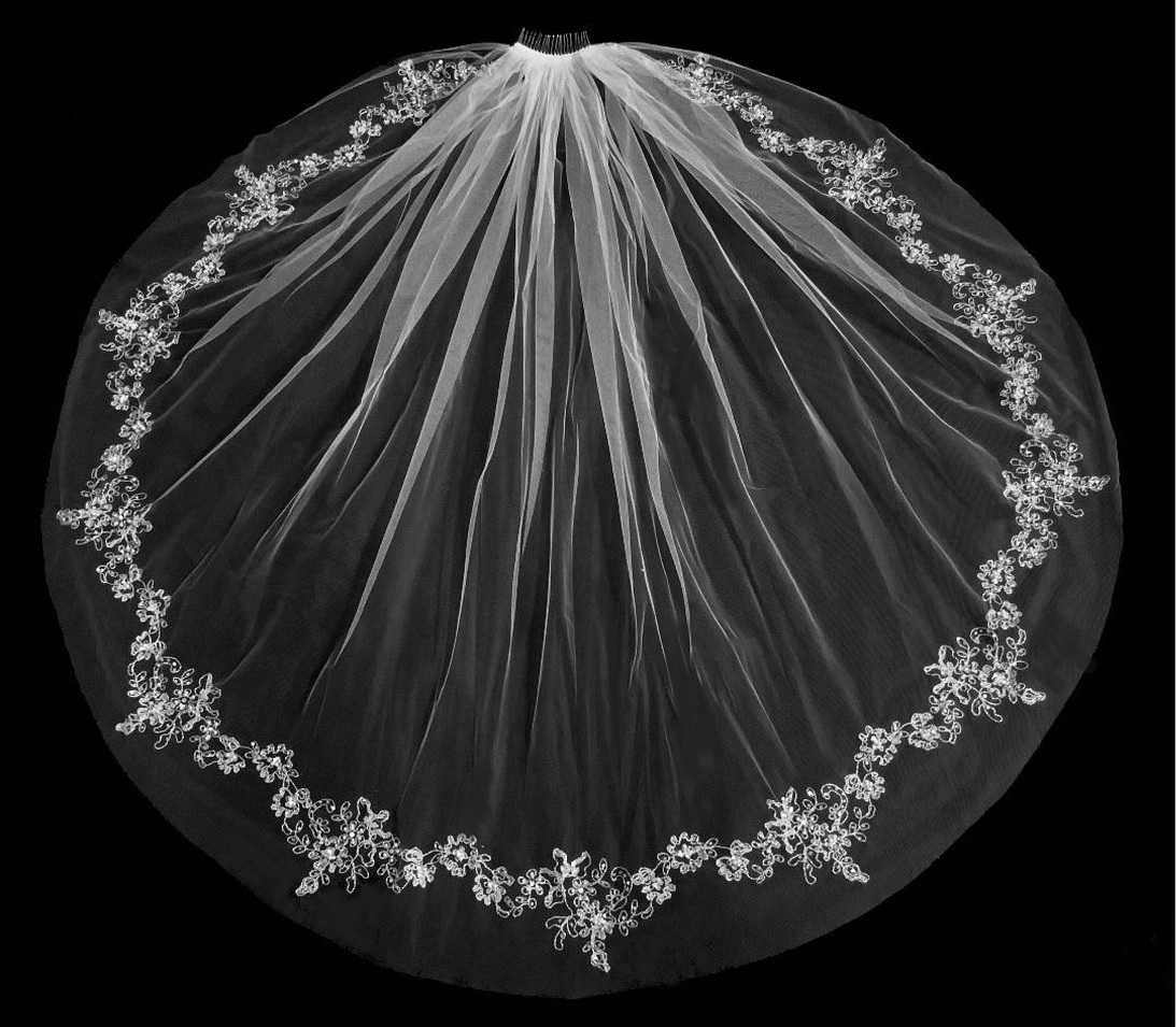 Ivory Silver Beaded Floral Embroidery Fingertip Length Wedding Veil W/Comb Luxury Glitter Beaded Bridal Veil,embroidered Sequin Floral  main image 3