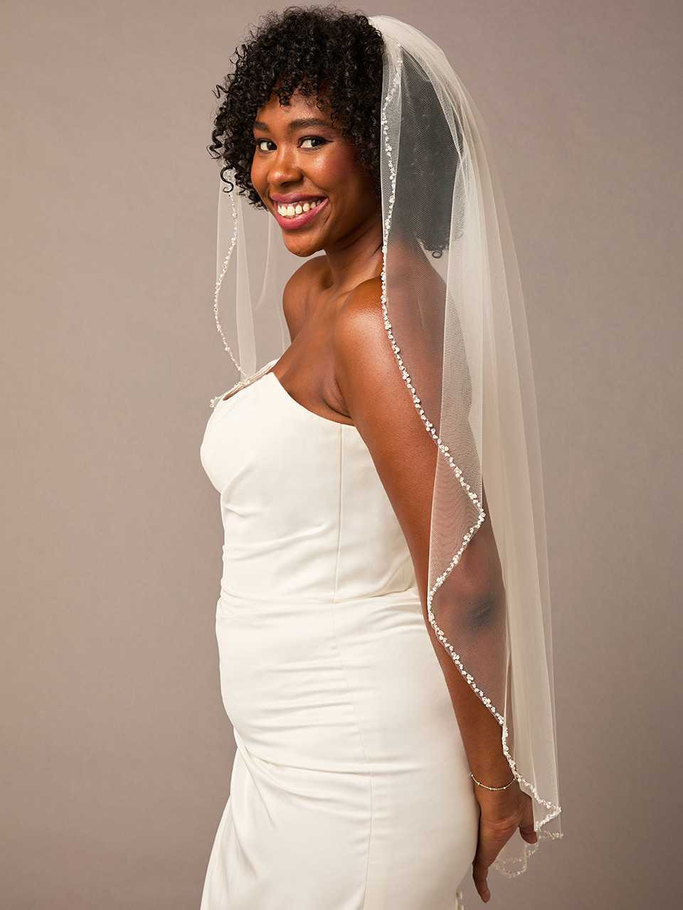 Crystal, Pearl and Sequin Fingertip Wedding Veil V2671SF