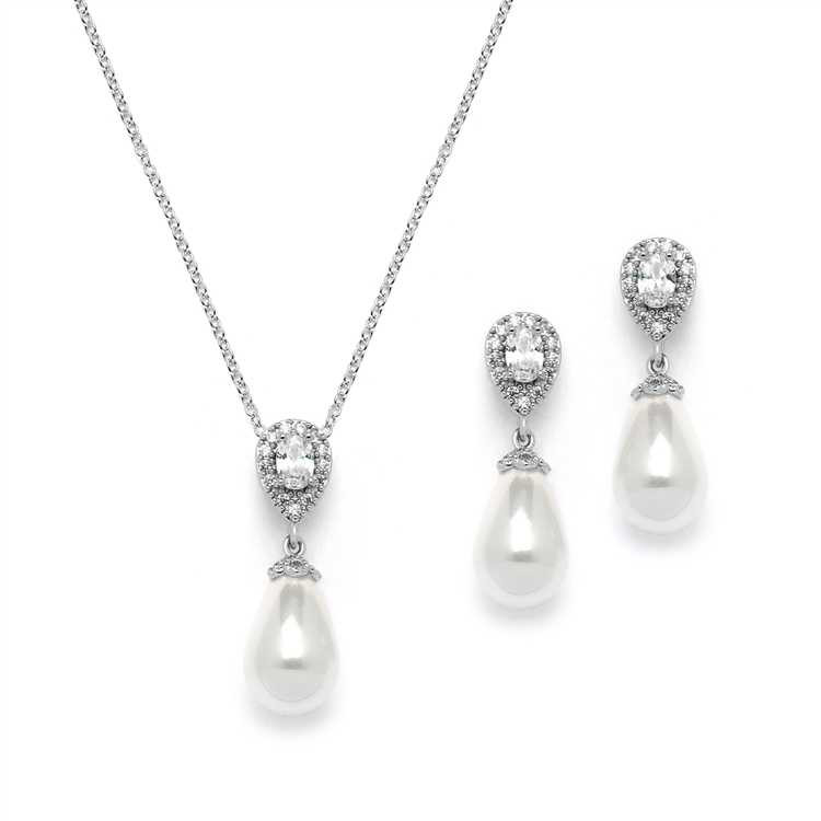 CZ and Ivory Teardrop Pearl Wedding Jewelry Set
