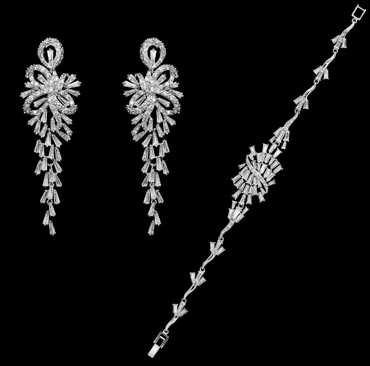 Silver Plated CZ Chandelier Bridal Earrings and Bracelet Set