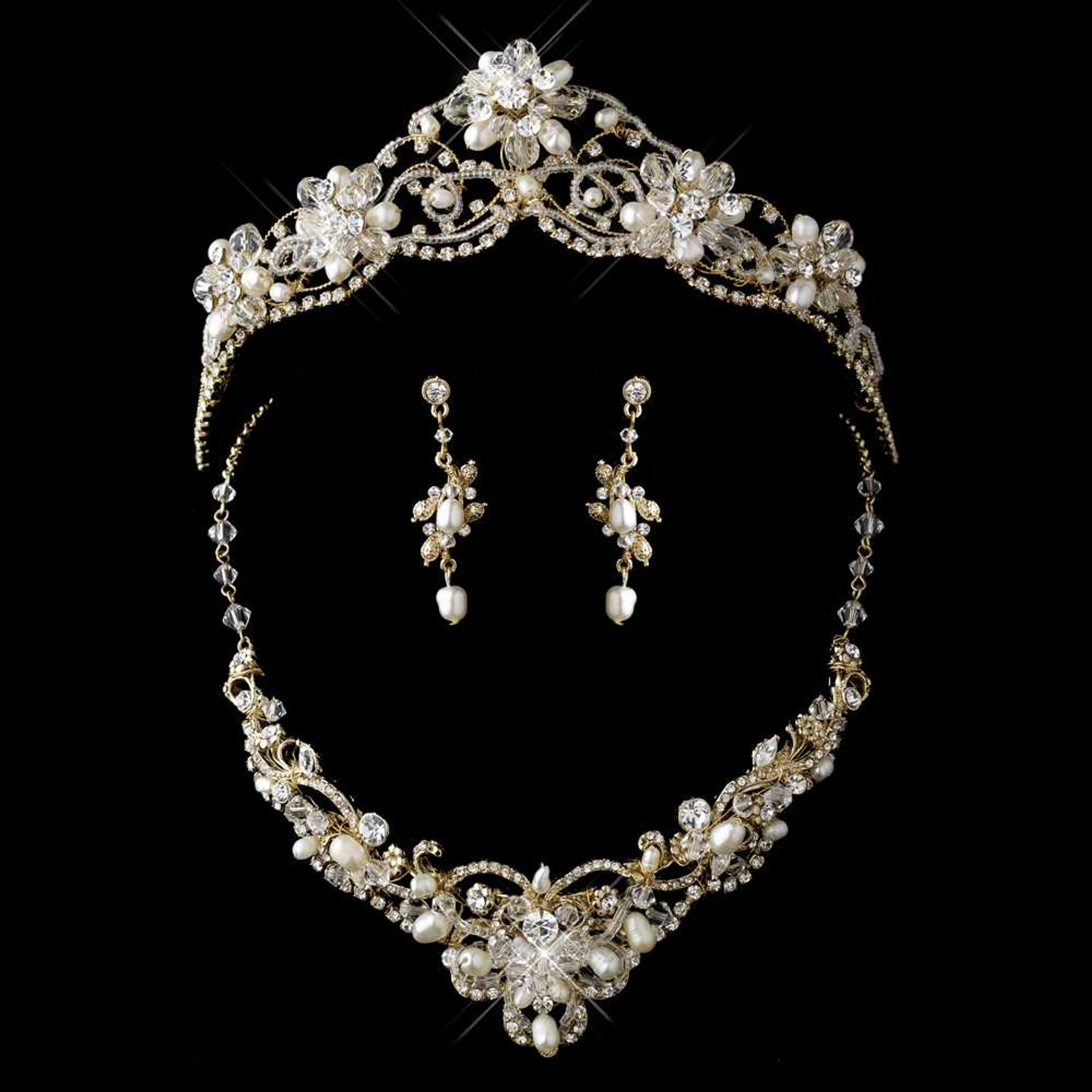 Gold Plated Pearl Wedding Tiara with Matching Jewelry Set