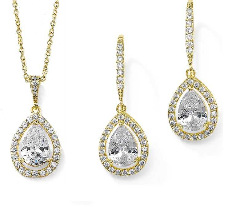 Pear Shape CZ Wedding Jewelry Set in 14K Gold Plating