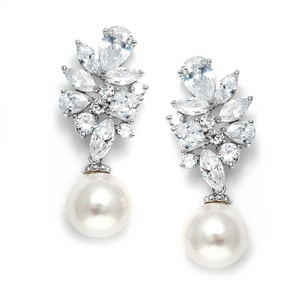 Chic CZ Cluster Wedding Earrings with Pearl Drop 3530E Chic CZ Cluster Wedding Earrings with Pearl Drop 3530E