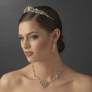  Gold Plated Floral Scroll Tiara and Bridal Jewelry Set