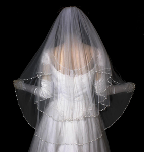 Two Layer Pearl and Crystal Beaded Fingertip Length Wedding Veil Two Layer Pearl and Crystal Beaded Fingertip Length Wedding Veil
