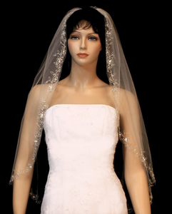 Beaded Silver Floral Embroidery Fingertip Length Wedding Veil Beaded Silver Floral Embroidery Fingertip Length Wedding Veil