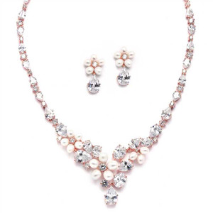 Rose Gold Freshwater Pearl and CZ Statement Wedding Jewelry Set