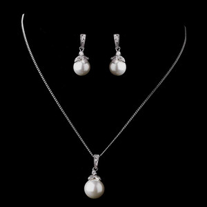 Silver or Gold Plated Pearl and CZ Wedding Jewelry Set ne8602 Silver or Gold Plated Pearl and CZ Wedding Jewelry Set ne8602