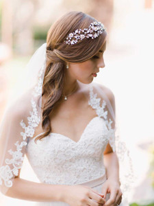 Beaded Floral Lace Fingertip Wedding Veil Envogue V1995SF Beaded Floral Lace Fingertip Wedding Veil Envogue V1995SF