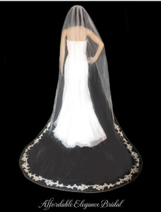 Partial Lace Edge Cathedral Wedding Veil with Pearls Partial Lace Edge Cathedral Wedding Veil with Pearls