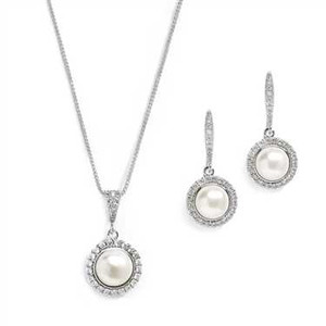 Freshwater Pearl Silver Bridal Jewelry with CZ Frame Freshwater Pearl Silver Bridal Jewelry with CZ Frame