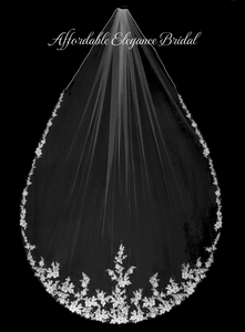 Royal Cathedral Wedding Veil with Beaded Two Tone Alencon Lace