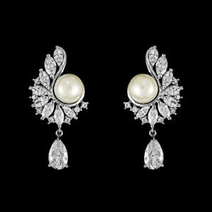 Pearl and CZ Swirl Drop Wedding Earrings in Silver Plating Pearl and CZ Swirl Drop Wedding Earrings in Silver Plating