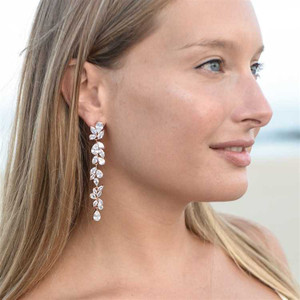 Dramatic 3" Long 5A CZ Rose Gold Wedding and Prom Earrings