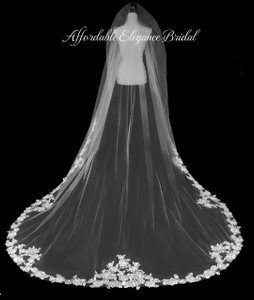 Royal Cathedral Wedding Veil with Beaded Floral Rose Alencon Lace