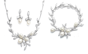 Freshwater Pearl and CZ Wedding Jewelry Set with Bracelet in Silver Freshwater Pearl and CZ Wedding Jewelry Set with Bracelet in Silver