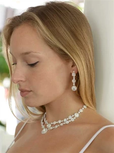Silver Two Row Rhinestone Necklace and Earring Jewelry Set