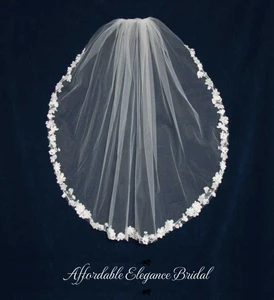 Ivory Venise Lace and 3D Organza Flowers Fingertip Wedding Veil