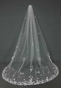 Royal Cathedral Wedding Veil with Lace and 3D Organza Flowers