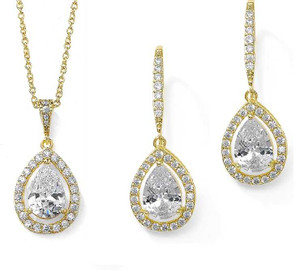 Pear Shape CZ Wedding Jewelry Set in 14K Gold Plating