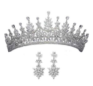 Silver Multi-Peak CZ Wedding and Quinceanera Tiara with Earrings Silver Multi-Peak CZ Wedding and Quinceanera Tiara with Earrings