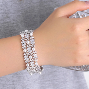 CZ and Pearl Floral Wedding Bracelet in Silver Plating CZ and Pearl Floral Wedding Bracelet in Silver Plating