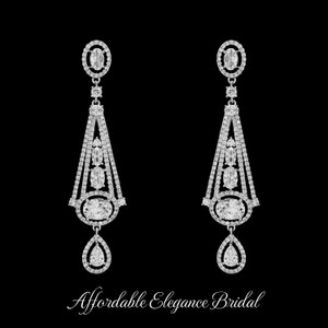 Art Deco Style Silver Plated 2 1/2" Long CZ Wedding Earrings Art Deco Style Silver Plated 2 1/2" Long CZ Wedding Earrings