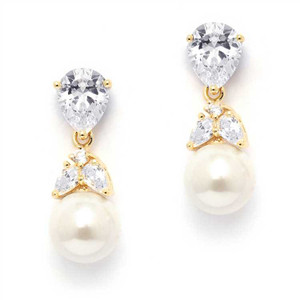14K Gold CZ and Cream Pearl Bridal Earrings - Clip On Style 14K Gold CZ and Cream Pearl Bridal Earrings - Clip On Style