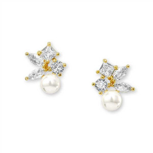 14K Gold Plated Multi-Shaped CZ and Ivory Pearl Bridal Earrings 14K Gold Plated Multi-Shaped CZ and Ivory Pearl Bridal Earrings