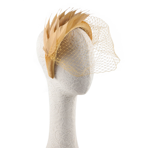 Gold Birdcage Veil with Feather Headband Fascinator Gold Birdcage Veil with Feather Headband Fascinator