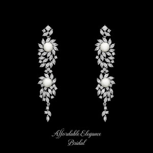 Stunning Pearl and CZ Drop Wedding Earrings E9607 Stunning Pearl and CZ Drop Wedding Earrings E9607