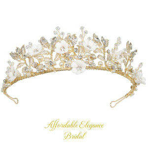 Gold Plated Porcelain Flower Crystal and Pearl Wedding Tiara Gold Plated Porcelain Flower Crystal and Pearl Wedding Tiara