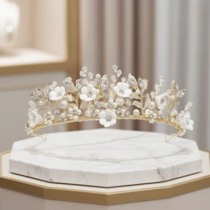 Gold Plated Porcelain Flower Crystal and Pearl Wedding Tiara