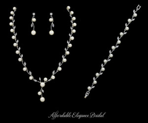Pearl and CZ Wedding Jewelry Set with Bracelet - Silver or Gold Pearl and CZ Wedding Jewelry Set with Bracelet - Silver or Gold